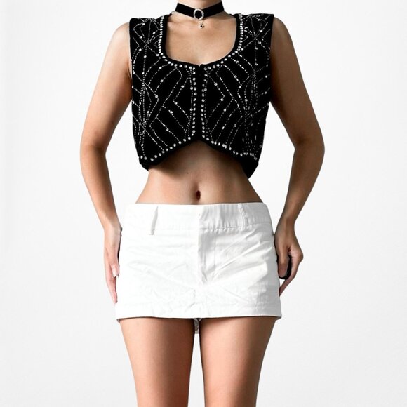 Zara Black Velvet Sleeveless Rhinestone Cropped Top Vest Size XS/S - Picture 1 of 6